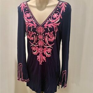 Inc Navy Blue and Pink Embroidered Rhinestone Women's Top